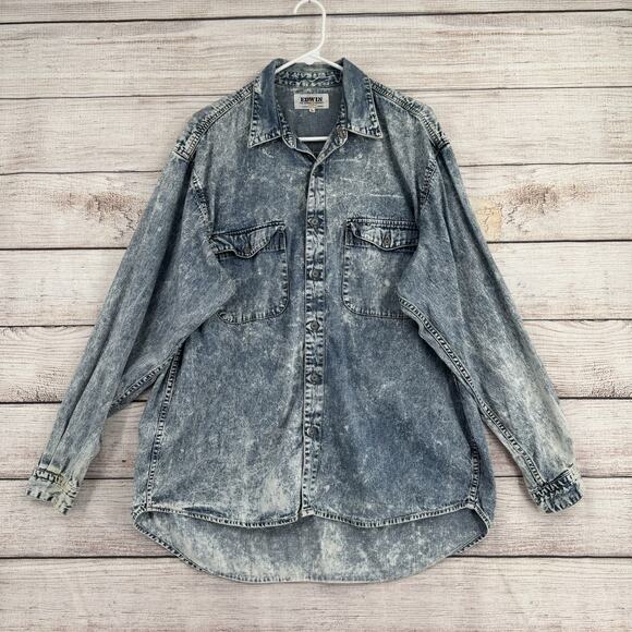 Vintage Edwin Denim Shirt Mens Large Acid Wash Blue Western Button Up Japan 90s - Picture 1 of 11